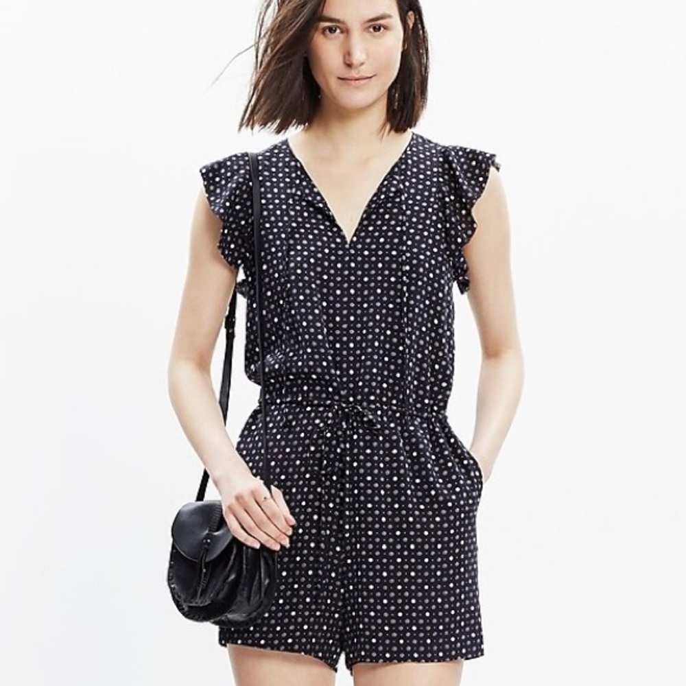 Madewell $138 Silk Polka Dot Ruffle Sleeve Petalplay Romper Dotmix S / XXS / XS